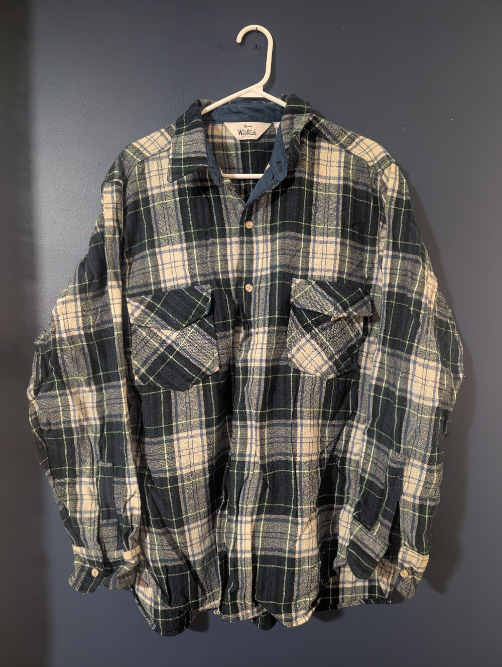 Vintage 90s Woolrich Plaid Button-Up Flannel - Navy/Cream/Green - Size XL